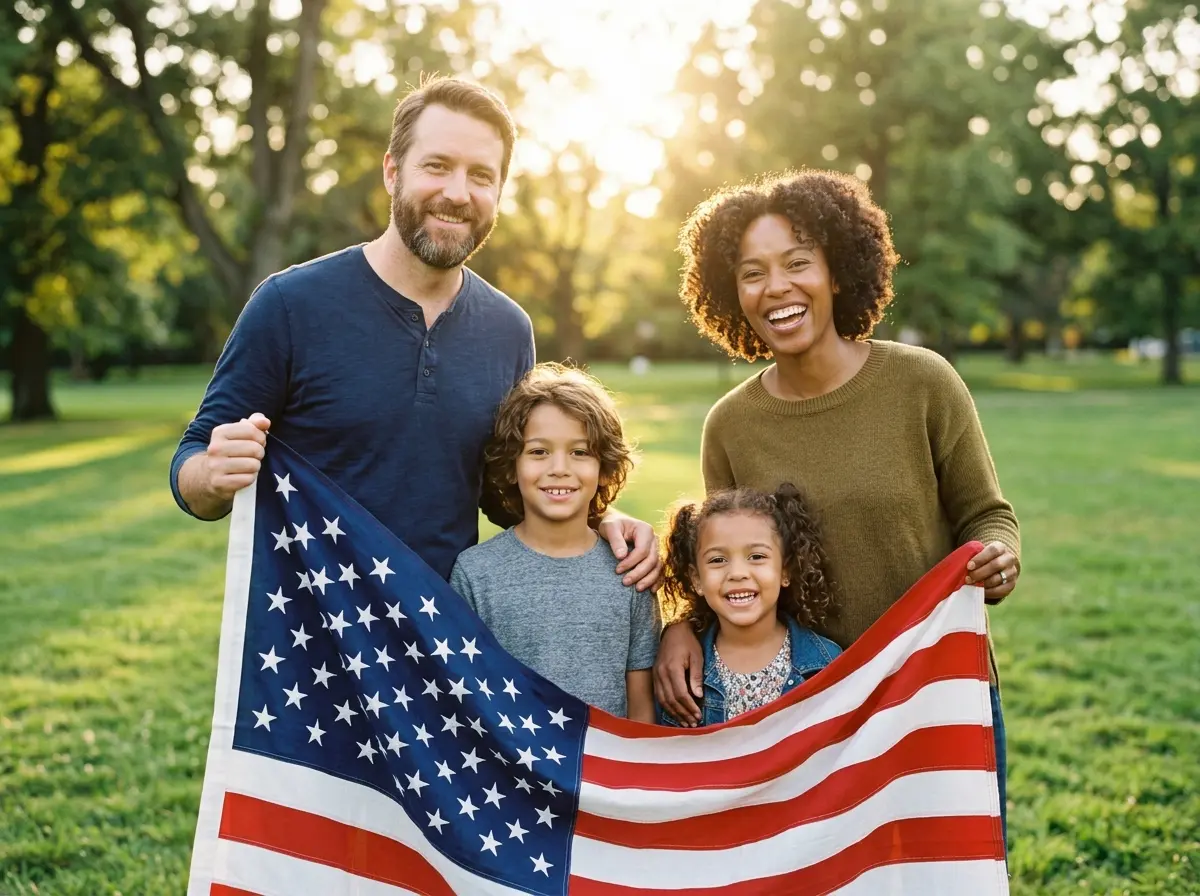 Family holding the American flag